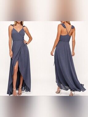 Lulus Wrap Maxi Dress Blue Ruffle Strap High Slit Formal Dress Size Small